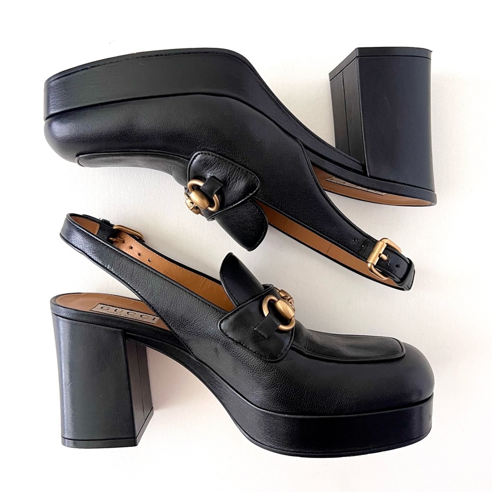 GUCCI | Horsebit SlingBack Retro Chunky Platform Loafers Black Leather EU 38 - Picture 10 of 13
